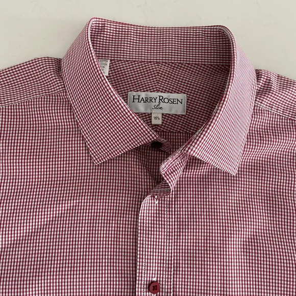 Harry Rosen Slim Lg Slv Button Down 100% Cotton Check Shirt Red + White Sz 16.5 - Picture 4 of 13